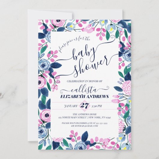 Invitation Baby shower d'aquarelle Sweet Rose Navy Flowers (Devant)