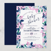 Invitation Baby shower d'aquarelle Sweet Rose Navy Flowers (Devant / Derrière)