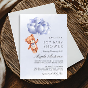Invitation Baby shower d'aquarelle Teddy Bear Blue Balloon
