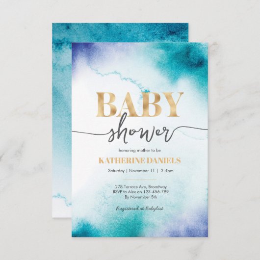 Invitation Baby shower d'aquarelle turquoise (Devant / Derrière)