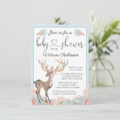 Invitation Baby shower d'aquarelle Turquoise rose cerf (Debout devant)