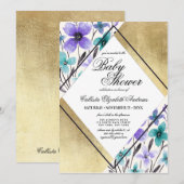 Invitation Baby shower d'aquarelle Turquoise violet or (Devant / Derrière)