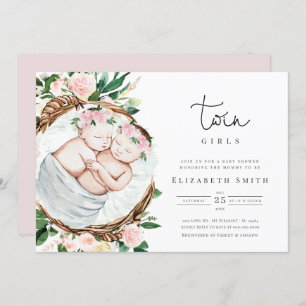 Invitation Baby shower d'aquarelle Twins Pink Florals