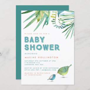 Invitation Baby shower d'aquarelle vert et bleu Tropical Bird