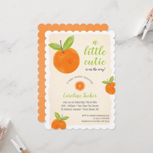 Invitation Baby shower d'aquarelle vert orange Little Cutie (Devant/Arrière en situation)