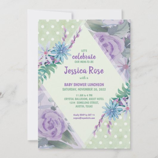Invitation Baby shower d'aquarelle vert violet (Devant)
