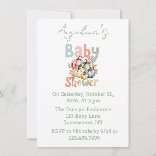 Invitation Baby shower d'aquarelle verte Sage Citrouille auto (Devant)