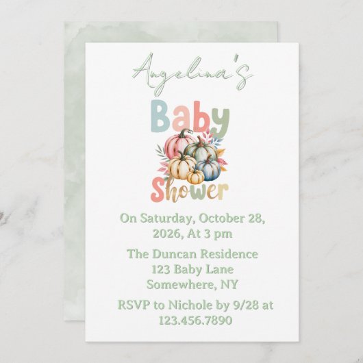 Invitation Baby shower d'aquarelle verte Sage Citrouille auto (Devant / Derrière)
