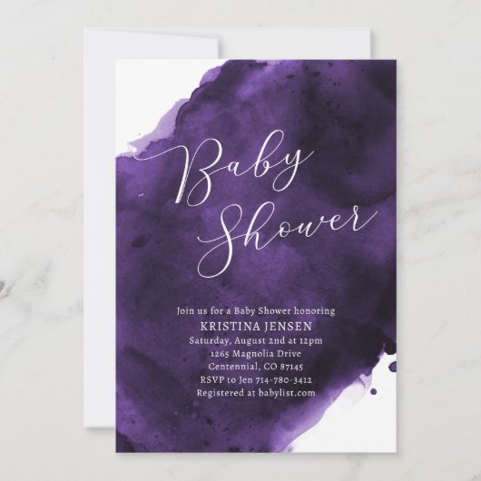 Invitation Baby shower d'aquarelle violet (Devant)