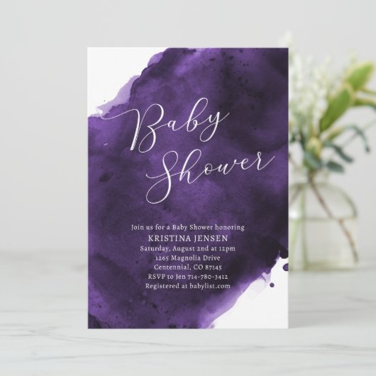 Invitation Baby shower d'aquarelle violet (Debout devant)