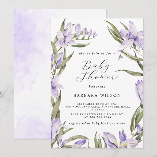 Invitation Baby shower d'aquarelle violet de végétation fleur (Devant / Derrière)