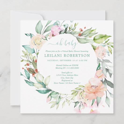 Invitation Baby shower d'aquarelle virtuelle Floral (Devant)