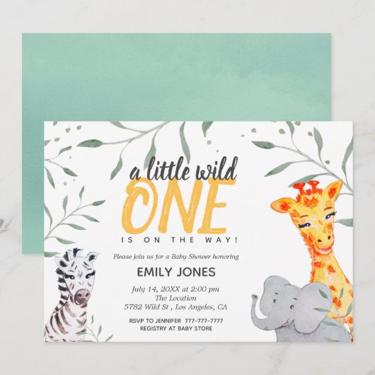 Invitation Baby shower d'aquarelle Wild One Safari (Devant / Derrière)