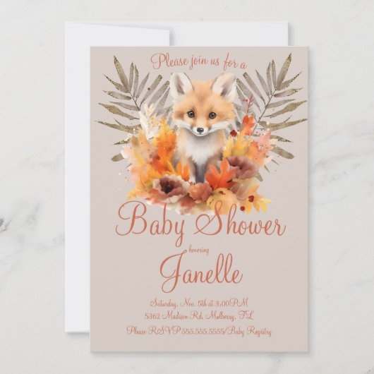 Invitation Baby shower d'aquarelle Woodland Fox Greenery (Devant)