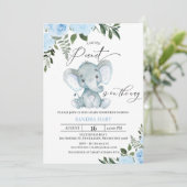 Invitation Baby shower d'arachide d'éléphant à feuillage bleu (Debout devant)