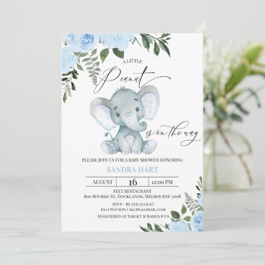 Invitation Baby shower d'arachide d'éléphant à feuillage bleu (Debout devant)
