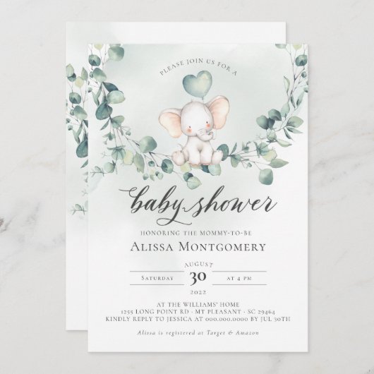 Invitation Baby shower d'arachide éléphante (Devant / Derrière)