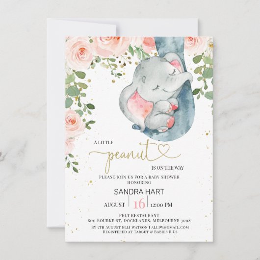 Invitation Baby shower d'arachide rose Floral Elephant Girls (Devant)