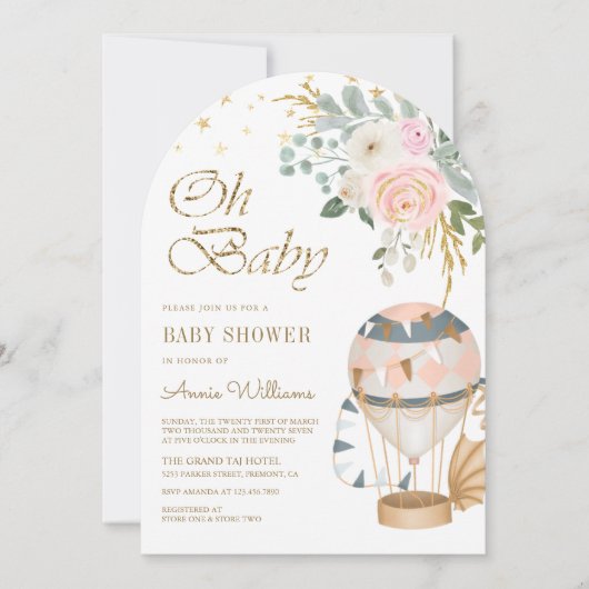 Invitation Baby shower d'arc à ballon rose vif à air chaud (Devant)