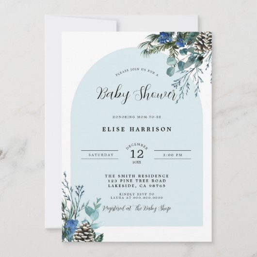 Invitation Baby shower d'arc Bleu Botanique d'hive (Devant)
