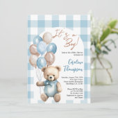 Invitation Baby shower d'arc bleu plaid Teddy Bear Boy (Debout devant)