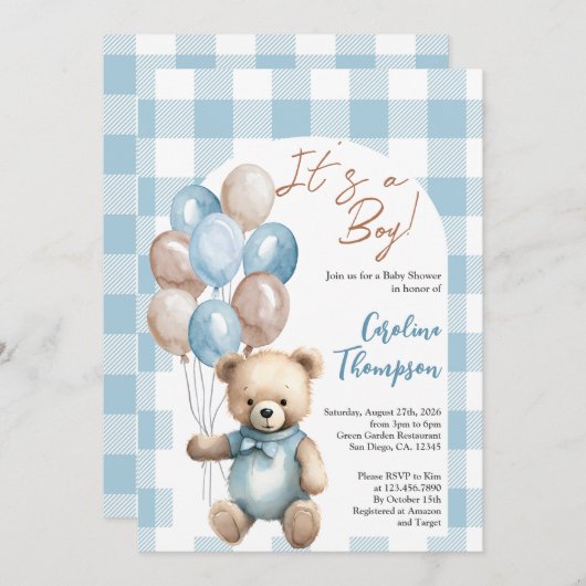 Invitation Baby shower d'arc bleu plaid Teddy Bear Boy (Devant / Derrière)