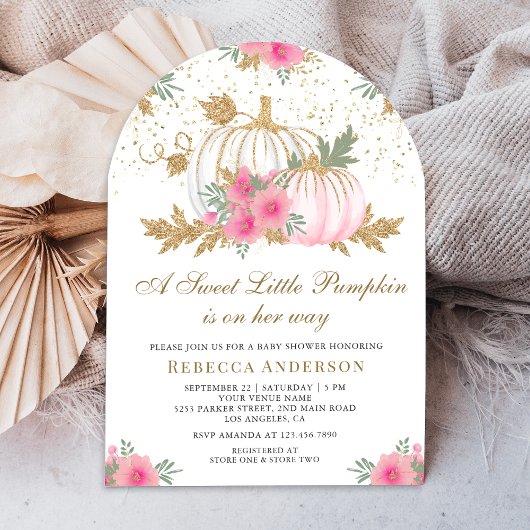 Invitation Baby shower d'arc Citrouille rose et or