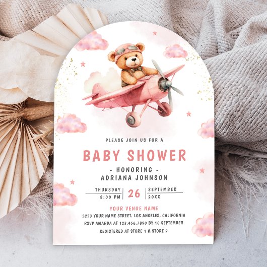 Invitation Baby shower d'arc d'avion rose Teddy Bear