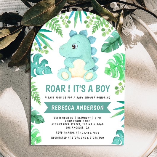 Invitation Baby shower d'arc de dinosaure Turquoise vert