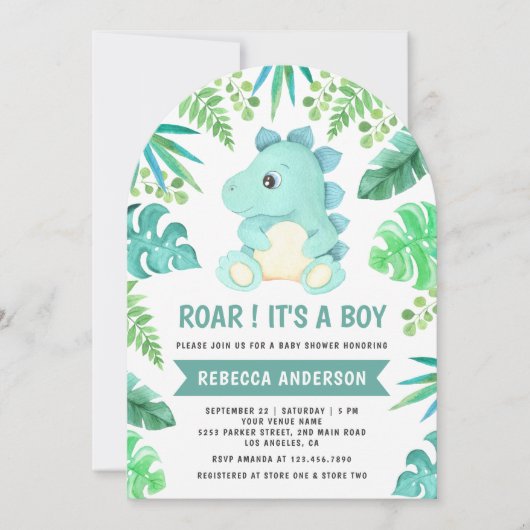Invitation Baby shower d'arc de dinosaure Turquoise vert (Devant)