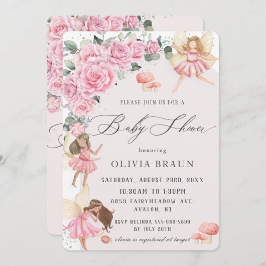 Invitation Baby shower d'arc de fées Roses rose (Devant / Derrière)