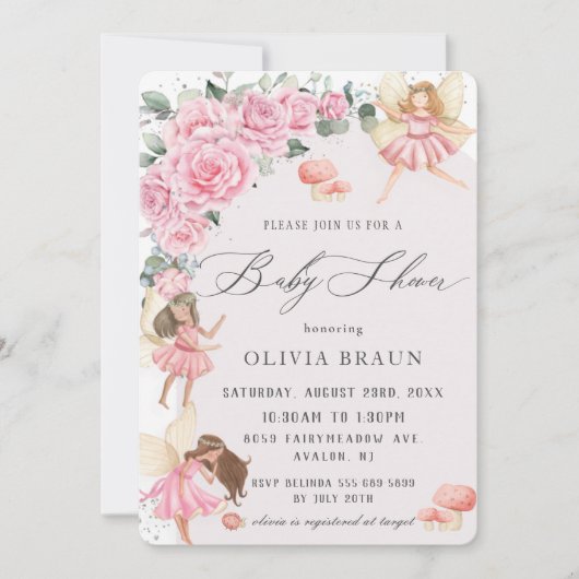 Invitation Baby shower d'arc de fées Roses rose (Devant)