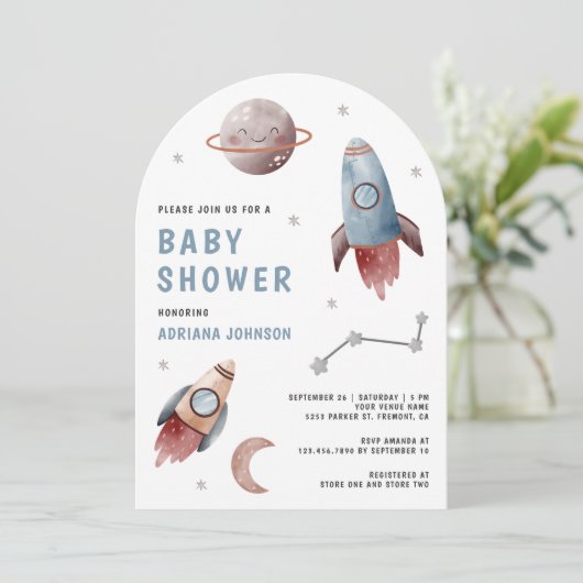 Invitation Baby shower d'arc de fusée des planètes spatiales (Debout devant)
