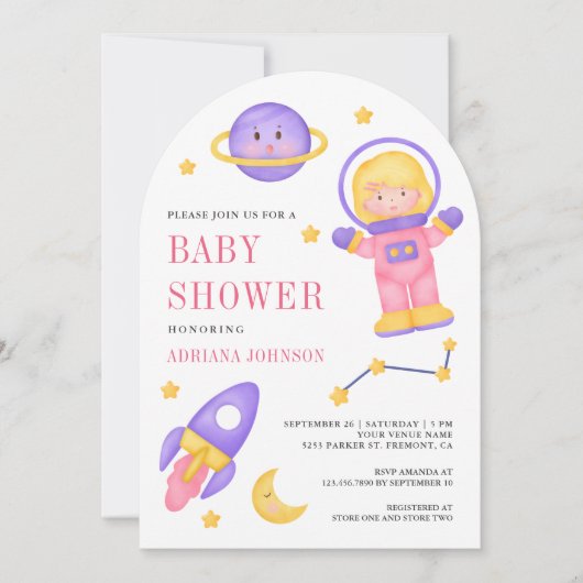 Invitation Baby shower d'arc de la fille rose de l'espace ext (Devant)