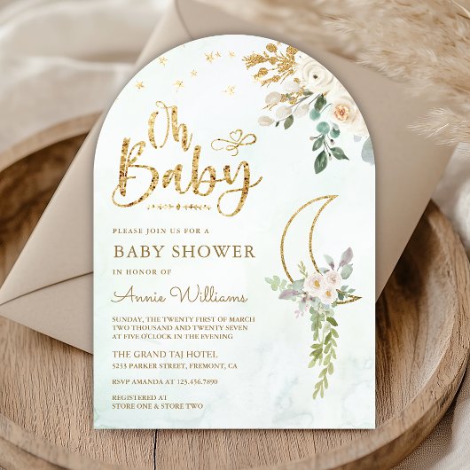 Invitation Baby shower d'arc de lune d'ivoire d'or vert Sage