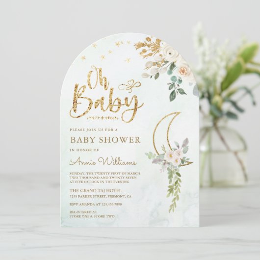Invitation Baby shower d'arc de lune d'ivoire d'or vert Sage (Debout devant)