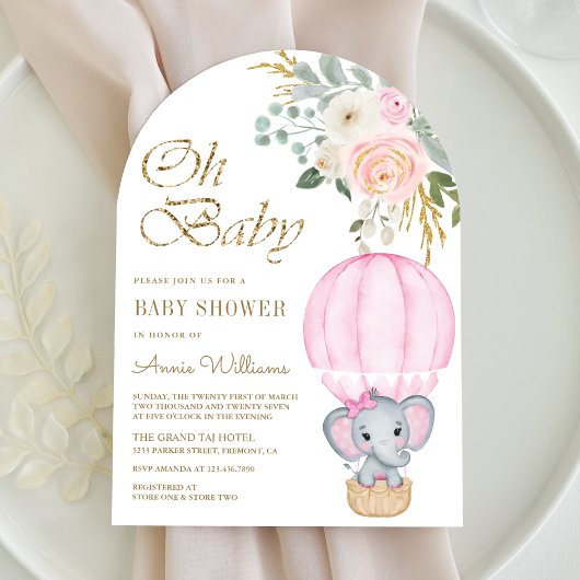 Invitation Baby shower d'arc d'éléphant rose à air chaud
