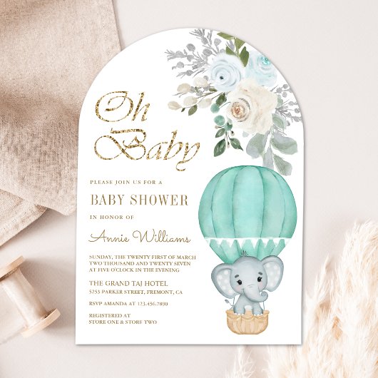 Invitation Baby shower d'arc éléphant à bulle d'air chaud à l