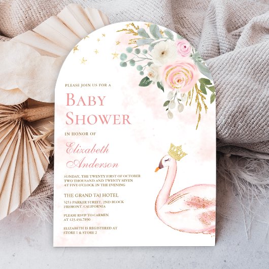 Invitation Baby shower d'arc princesse de cygne rose rose pâl