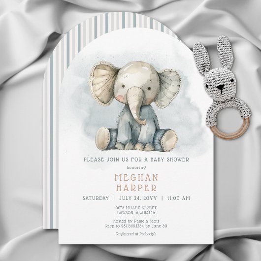 Invitation Baby shower d'arc rayé bleu éléphant