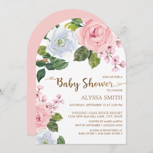 Invitation Baby shower d'arc Rose rose blanc (Devant / Derrière)