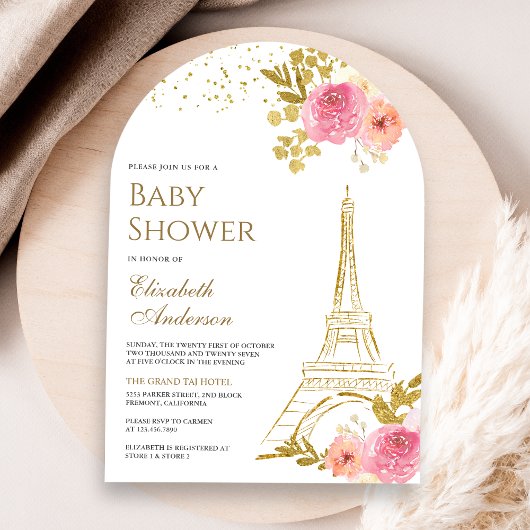 Invitation Baby shower d'arc Tour Eiffel Rose Floral Or