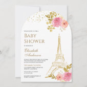 Invitation Baby shower d'arc Tour Eiffel Rose Floral Or (Devant)