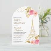 Invitation Baby shower d'arc Tour Eiffel Rose Floral Or (Debout devant)