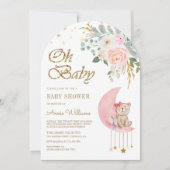 Invitation Baby shower d'arche à oreille en peluche rose fleu (Devant)