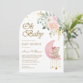 Invitation Baby shower d'arche à oreille en peluche rose fleu (Debout devant)