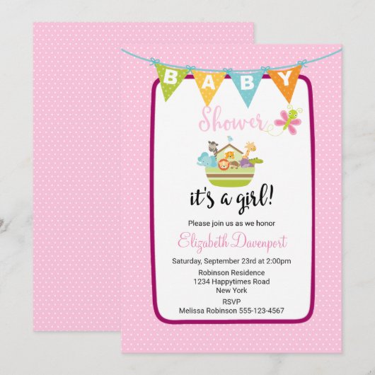 Invitation Baby shower d'arche animal mignonne (Devant / Derrière)
