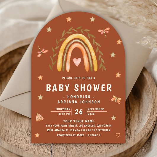 Invitation Baby shower d'arche arc-en-ciel rustique en terre 