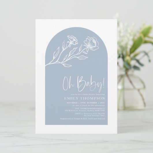 Invitation Baby shower d'arche botanique bleu foncé moderne (Debout devant)