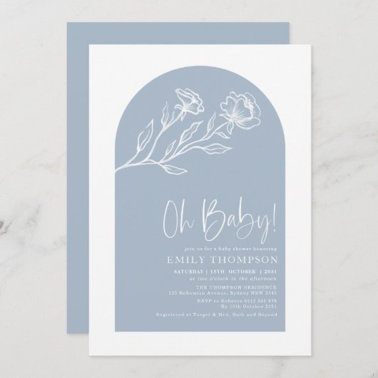 Invitation Baby shower d'arche botanique bleu foncé moderne (Devant / Derrière)